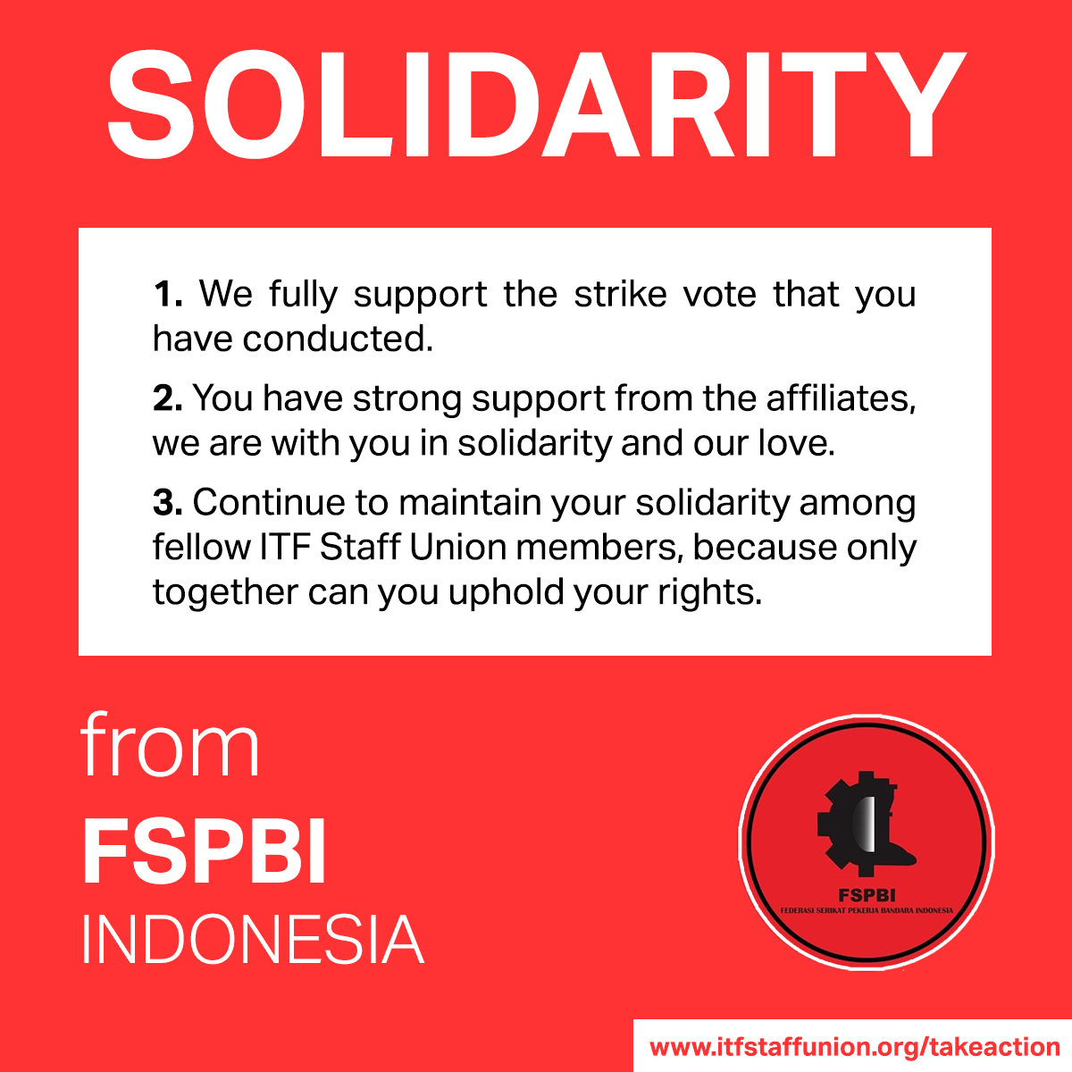 What a wonderful statement of solidarity from FSPBI
<a href="/fspbi_indonesia/">FSPBI | Federasi Serikat Pekerja 🍉</a>! 

"This cut will have a very broad impact on the ITF's ambitious plans that were set at the October 2024 congress in Marrakech, including services for ITF affiliates around the world."