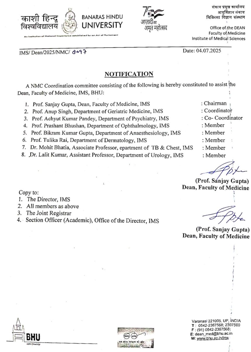 Thanks to Hon’ble Dean sir , Faculty of Medicine for entrusting myself with responsibility of coordinator of National Medical Commission (NMC) for IMS BHU <a href="/DeanMedicineIMS/">Sanjay Gupta</a> <a href="/directorimsbhu/">Directorimsbhu</a> <a href="/VCofficeBHU/">VC-BHU</a> <a href="/bhupro/">BHU Official</a> <a href="/NMC_IND/">National Medical Commission</a> <a href="/registrarbhu/">REGISTRAR, BHU</a> <a href="/MoHFW_INDIA/">Ministry of Health</a> <a href="/EduMinOfIndia/">Ministry of Education</a> <a href="/NCABHU4191/">National centre of Ageing (NPHCE) BHU</a>