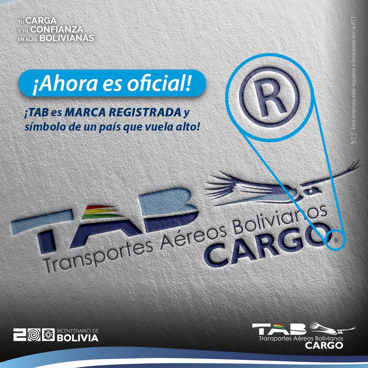 TAB_CARGO's tweet image. Anunciamos a nuestra comunidad que hemos concluido nuestro registro ante el #SENAPI. Ahora nuestra identidad tiene registro y propiedad.
#TABCargo #registrodemarca #buenasnoticias #Boliviabicentenario