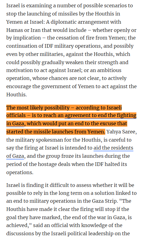 🆕 in Haaretz:  Israeli officials finally admit that ending Israel's mass killing in Gaza is best way to halt attacks from Yemen

Israel should "reach an agreement to end the fighting in Gaza, which would put an end to the excuse that started the missile launches from Yemen"