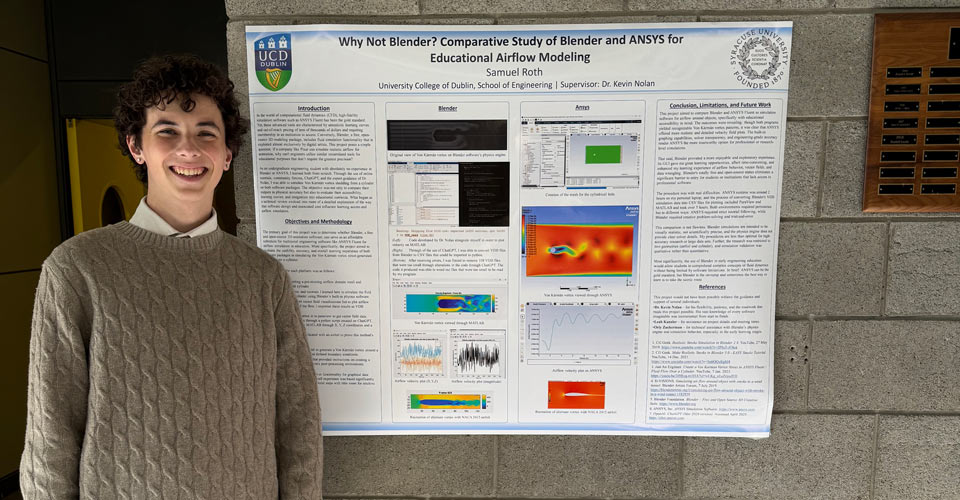 EngineeringSU's tweet image. While studying abroad, aerospace engineering student Samuel Roth ’27 worked with University College Dublin Mechanical and Materials Engineering faculty on a presentation titled "Why Not Blender? Comparative Study of Blender and ANSYS for Educational Airflow Modelling."