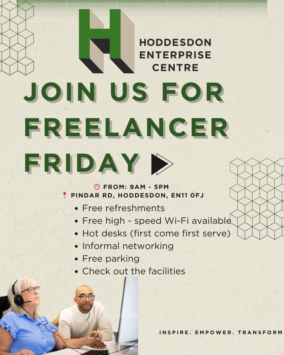 BroxbourneEC's tweet photo. 💼 Freelance Fridays! Try a Free Coworking Day — Coffee’s on us! ☕
Need a change of scenery or a productive space to work from? Join us every Friday for FREE hotdesking space! Bring your laptop, grab a coffee, and get productive in a vibrant, collaborative environment.
⏰ From: https://t.co/6P6UN2uOhf