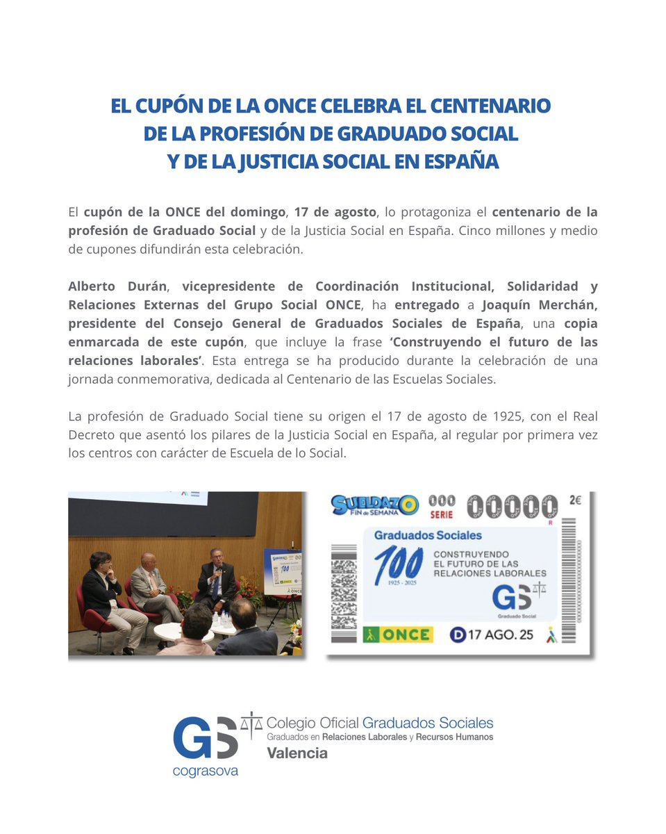 📢 El cupón de la <a href="/ONCE_oficial/">ONCE</a> del 17 de agosto celebra el centenario de la profesión de #GraduadoSocial y de la Justicia Social en España.

🤝 Incluye la frase "Construyendo el futuro de las relaciones laborales" y se emitirán 5,5 M de cupones.

👉 once.es/noticias/el-cu…