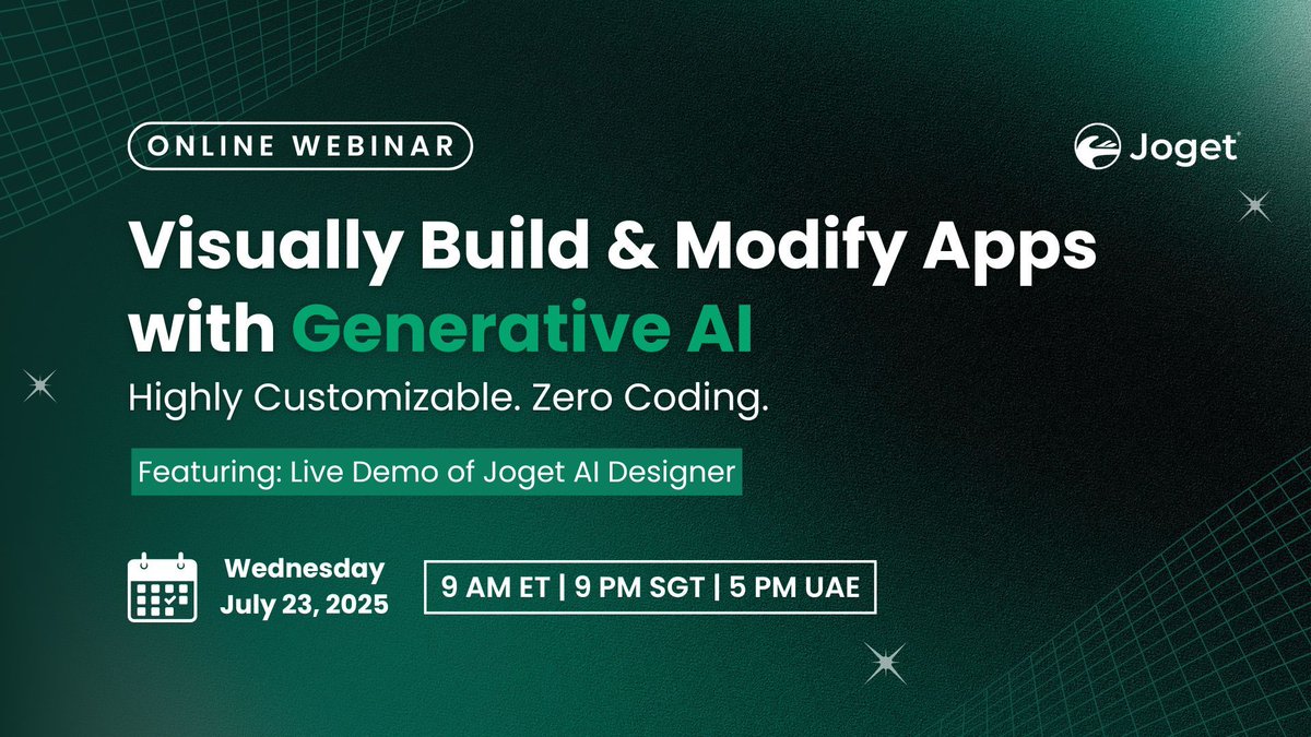 🚀 discover the future of application development withText + Image + AI.

Join our July 23 webinar to see Joget AI Designer create real apps live with simple prompts and images 

Time: 9 AM ET | 9 PM SGT | 5 PM UAE

Register now: us02web.zoom.us/webinar/regist…

 #JogetAI#AItools#Lowcode