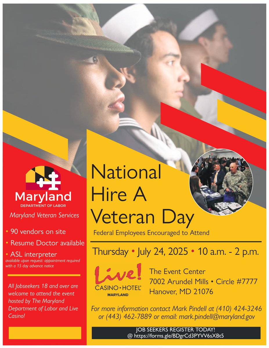 AAWDC (@aaworkforce) on Twitter photo To celebrate this year's National Hire A Veteran Day, <a href="/MD_Labor/">MD Department of Labor</a> will host a Job Fair on Thursday, July 24th at <a href="/LiveCasinoMD/">Live! Casino & Hotel Maryland</a>. To register, visit tinyurl.com/MDLaborHireAVe….
#AAWDC #WorkforceDevelopment #NationalHireAVeteranDay #NowHiring #HiringEvent #CareerSuccess To celebrate this year's National Hire A Veteran Day, <a href="/MD_Labor/">MD Department of Labor</a> will host a Job Fair on Thursday, July 24th at <a href="/LiveCasinoMD/">Live! Casino & Hotel Maryland</a>. To register, visit tinyurl.com/MDLaborHireAVe….
#AAWDC #WorkforceDevelopment #NationalHireAVeteranDay #NowHiring #HiringEvent #CareerSuccess