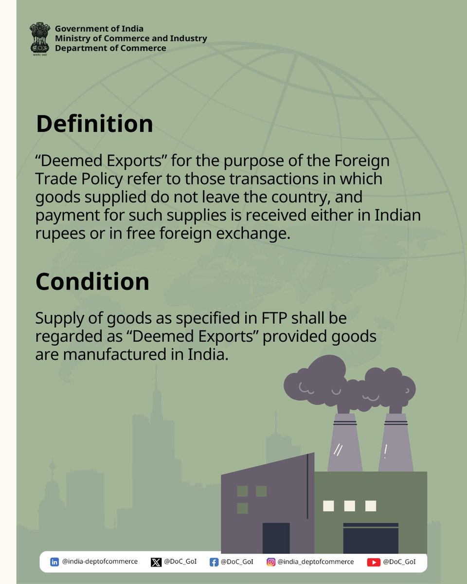 What are Deemed Exports?
Swipe to understand the definition and conditions for deemed exports.

#DoC_GoI #TradeWithEase #DeemedExports