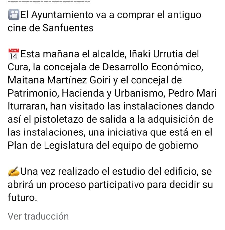 eajpnvabanto's tweet image. 🔴🟢⚪🔴🟢⚪🔴🟢⚪🔴🟢⚪

Magnífica noticia la que hemos conocido hoy.

Udalak Sanfuentesko zinema zaharra erosiko du.

El Ayto comprará el cine de Sanfuentes 

Albiste ezin hobea Sanfuentesentzat!!!

Seguimos trabajando.
Lanak darrai!!!
🔴🟢⚪🔴🟢⚪🔴🟢⚪🔴🟢⚪
