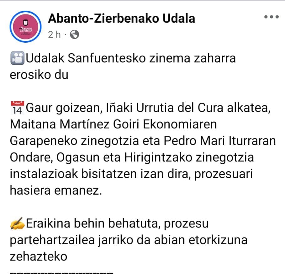 eajpnvabanto's tweet image. 🔴🟢⚪🔴🟢⚪🔴🟢⚪🔴🟢⚪

Magnífica noticia la que hemos conocido hoy.

Udalak Sanfuentesko zinema zaharra erosiko du.

El Ayto comprará el cine de Sanfuentes 

Albiste ezin hobea Sanfuentesentzat!!!

Seguimos trabajando.
Lanak darrai!!!
🔴🟢⚪🔴🟢⚪🔴🟢⚪🔴🟢⚪