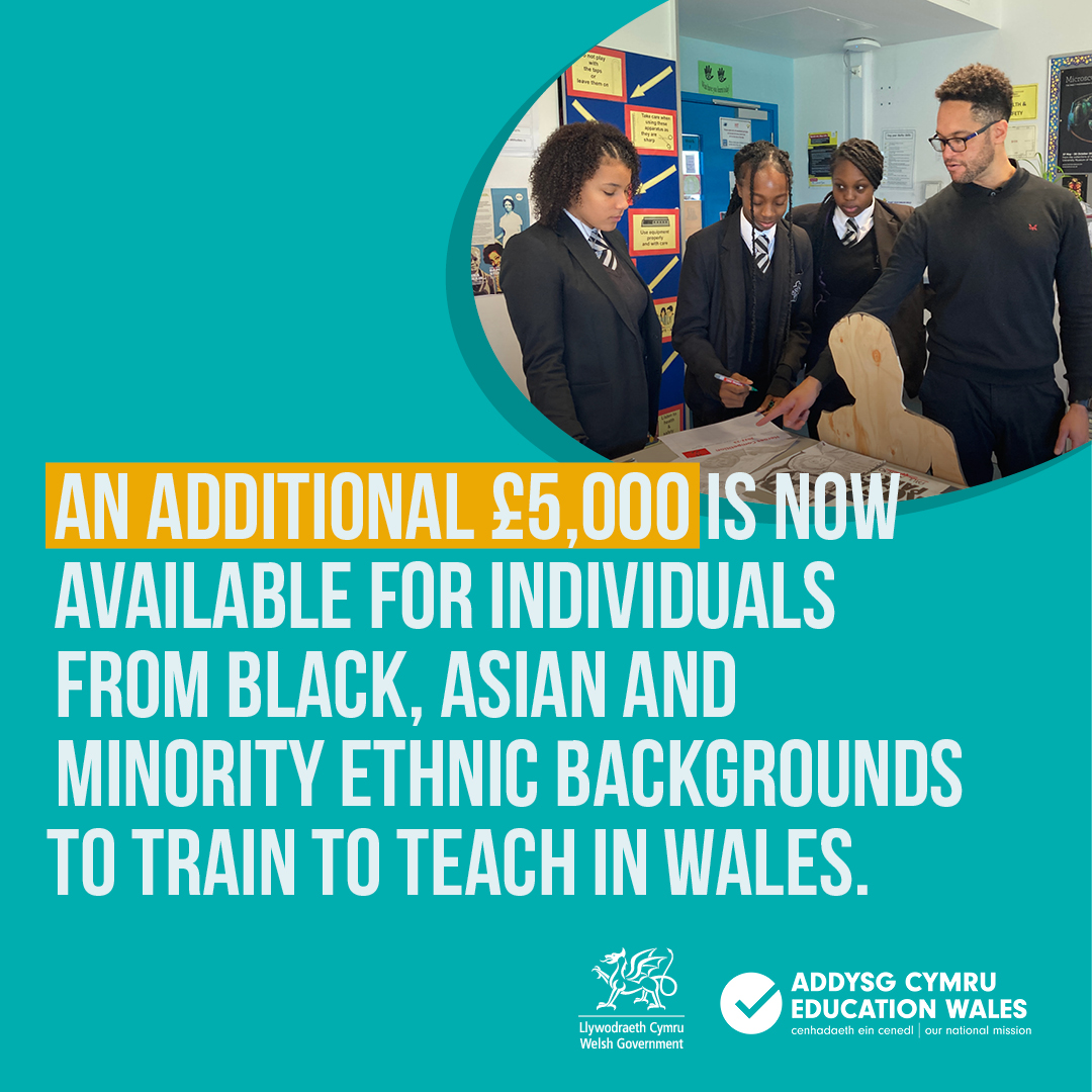 TeachingWales's tweet image. Teaching students from diverse backgrounds in Wales can receive a grant of up to £5,000 towards their training 🙌
Teach tomorrow today. Head to 👉educators.wales/start-your-jou…
#TeachingWales
@Athrofa
@ITEcardiffmet
@SwanseaUni
@BangorUni
@OUCymru