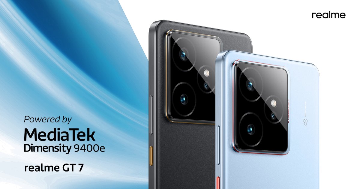 Introducing the <a href="/realme/">RealMe</a> GT 7 powered by MediaTek Dimensity 9400e — with power that never stops. Features include; AI TravelSnap camera, 6000 nit Pro Esports display, 7000 mAh Titan battery + 120W Ultra Charge, Next AI &amp; more: bit.ly/46wkzwR
#MediaTek #PoweredByMediaTek