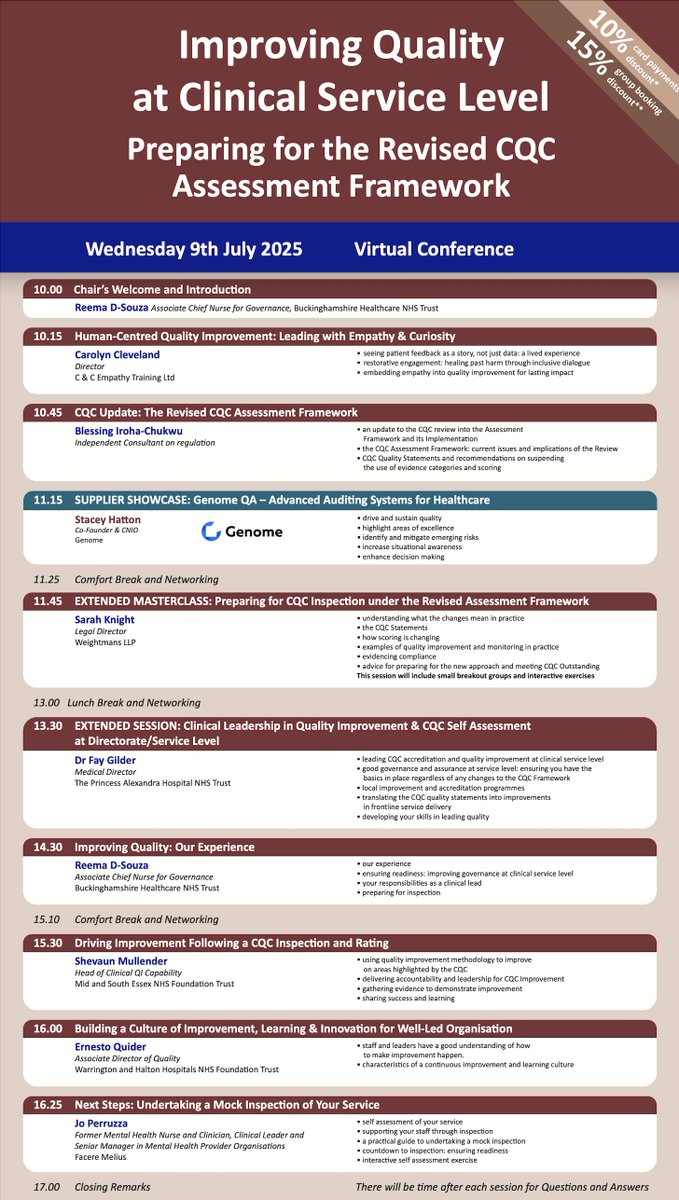 Genome (@genome_digital) on Twitter photo We are looking forward to seeing you all at tomorrow's 'Improving Quality at Clinical Service Level: Preparing for the Revised CQC Assessment Framework' conference <a href="/HCUK_Clare/">HCUK Clare 💙</a>
It's a focused event designed to strengthen clinical service quality, governance, and CQC inspection We are looking forward to seeing you all at tomorrow's 'Improving Quality at Clinical Service Level: Preparing for the Revised CQC Assessment Framework' conference <a href="/HCUK_Clare/">HCUK Clare 💙</a>
It's a focused event designed to strengthen clinical service quality, governance, and CQC inspection