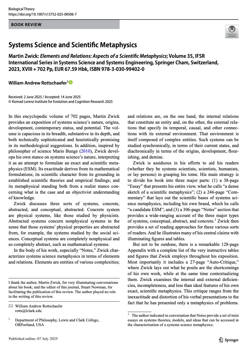 BiolTheory's tweet image. ➡️New book review out⬅️
"Systems Science and Scientific Metaphysics"
by William Andrew Rottschaefer
Reviewing "Elements and Relations: Aspects of a Scientific Metaphysics" by Martin Zwick
Free reading link: rdcu.be/evkQ1