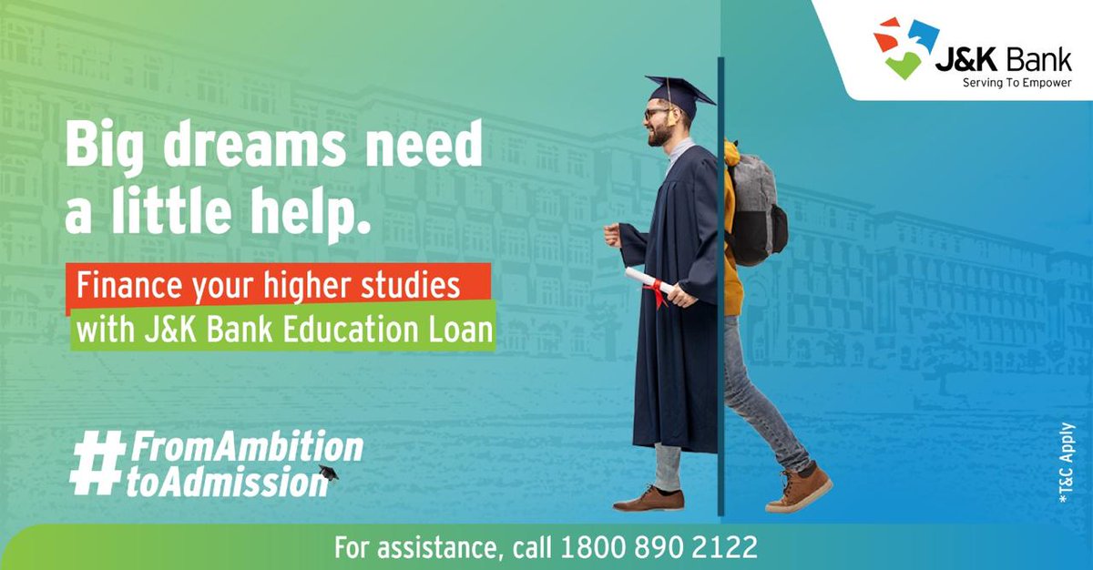 It takes more than grades to graduate, the way you aspire to.

Let J&amp;K Bank support your college journey with a loan that’s built for students who aim higher.

Apply now.

To know more, Click here - bit.ly/4kqFBjW

#JKBank #YourBankSince1938 #EducationLoan #Loan #Finance