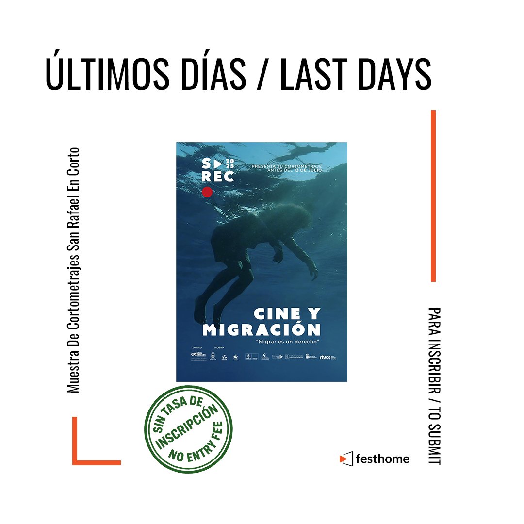 ⏰ Last Days / Últimos días

21º Muestra De Cortometrajes San Rafael En Corto
@granangularcanarias

📩 festhome.com/festival/muest…

#callforentries #opencall #filmfestival #film #festival #corto #shortfilm #submissions #inscripciones #festivaldecine