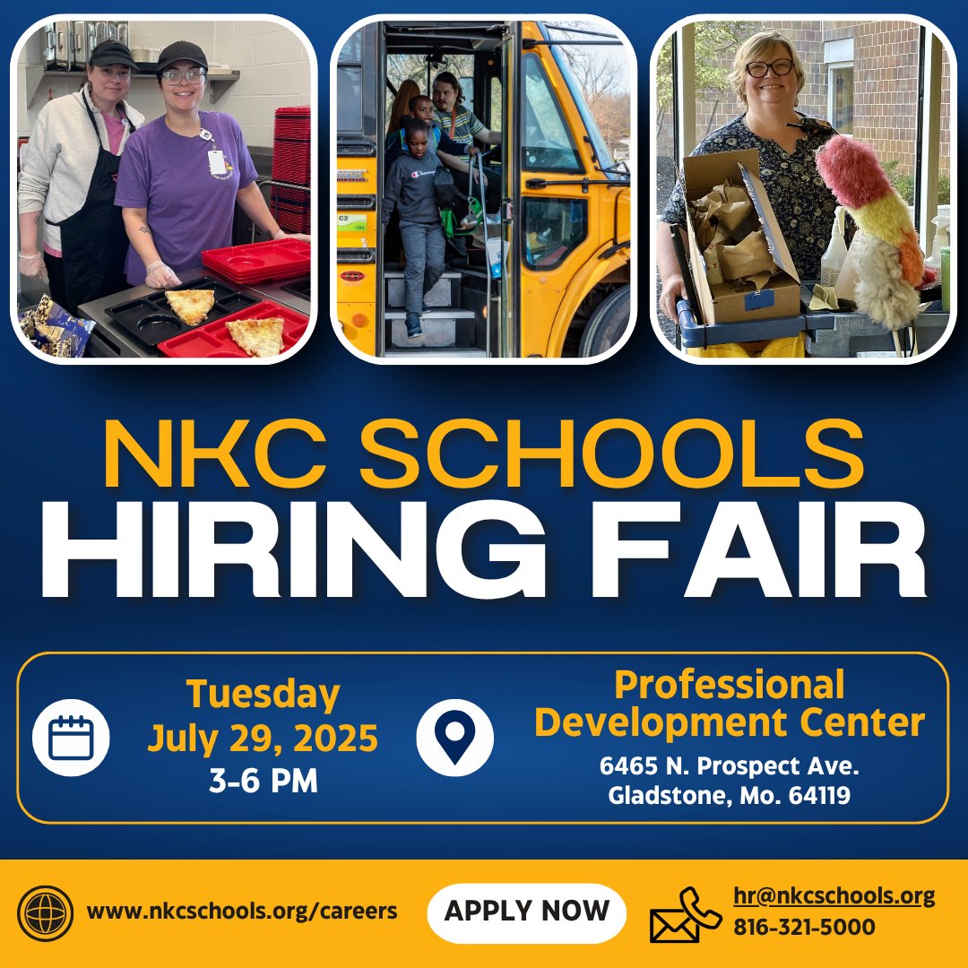 NKCSchools's tweet image. We’re hosting a hiring fair for a variety of classified roles – bus drivers, food service, maintenance, & more! Apply online & be ready to interview on the spot! nkcschools.org/careers
📅 July 29 | 3–6PM
📍 Professional Development Center – 6465 N. Prospect Ave., Gladstone, MO