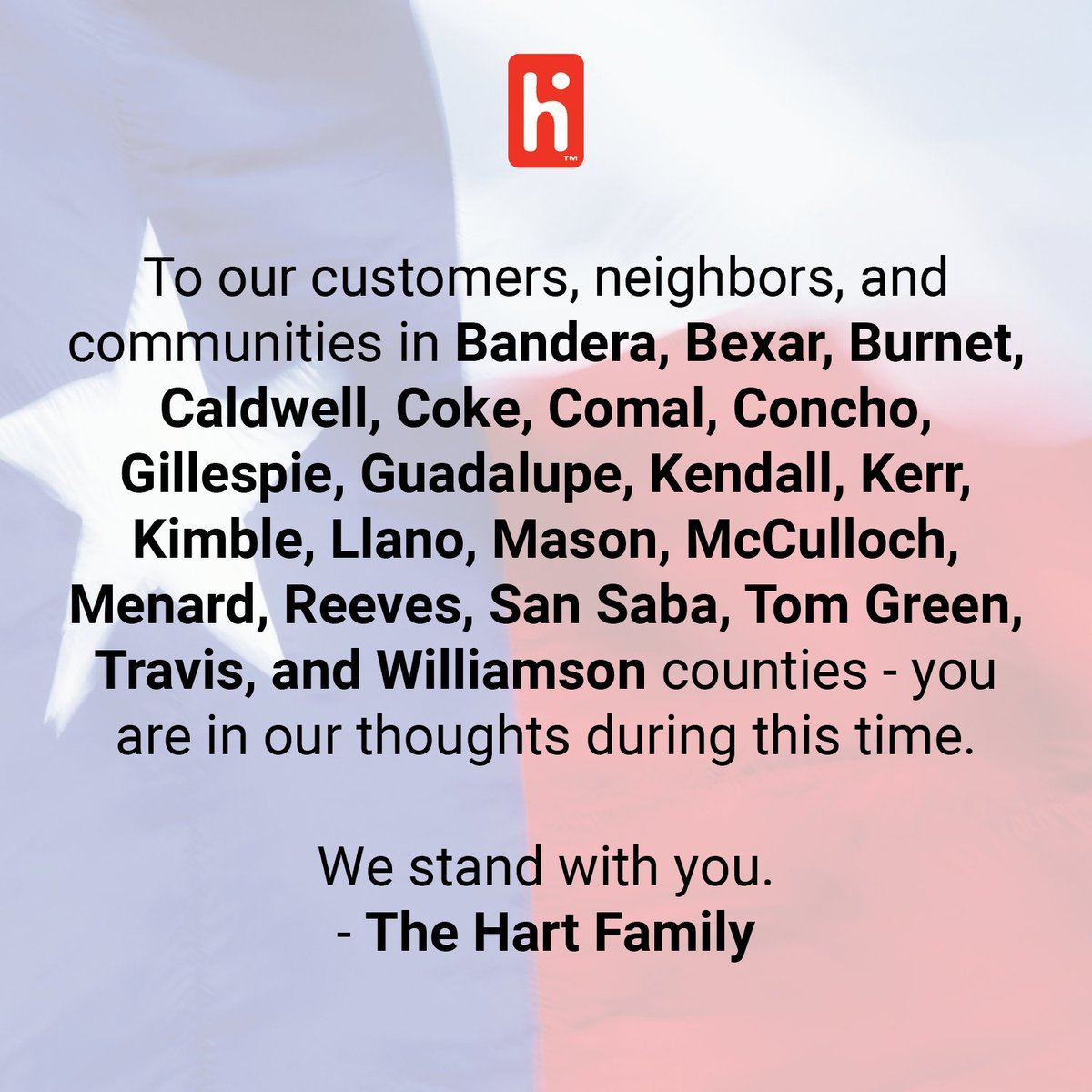 Our hearts are with everyone affected by the devastating floods across Central and West Texas. 
We stand with you. ❤️
- The Hart Family