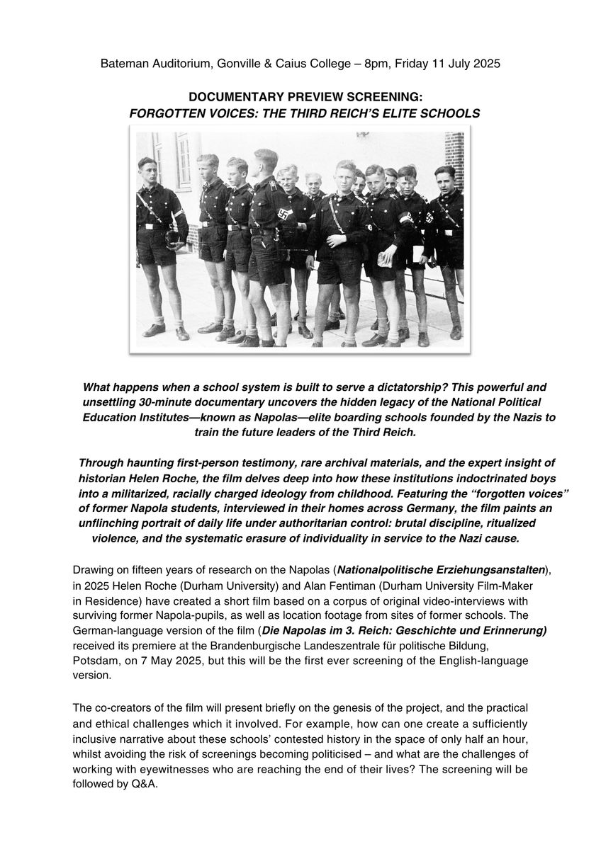 CamGeopolitics's tweet image. Don't miss: Documentary preview screening - Forgotten voices: The Third Reich's elite schools
After 15 years of research, @Dr_Helen_Roche and @alan_fentiman have created a short film based on interviews with surviving former Napola-pupils
Fri 11th Jul, 8pm
Gonville & Caius