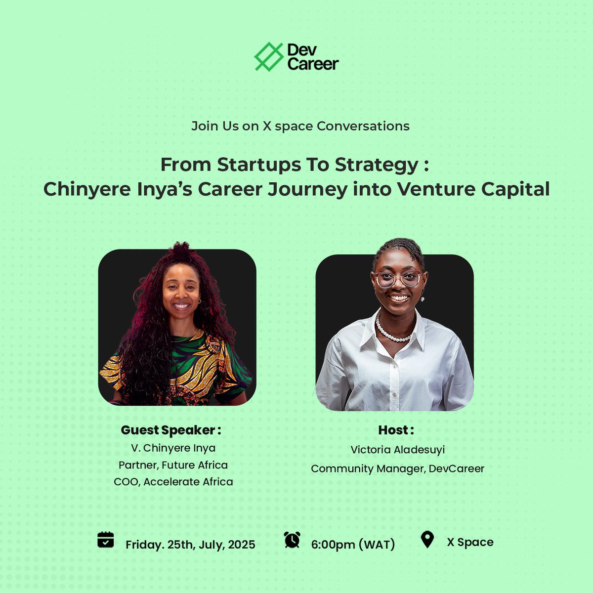 dev_careers's tweet image. Curious about the world of Venture Capital? 
Want to learn from someone who&apos;s made a mark in the industry? 

Set a reminder here 👉 x.com/i/spaces/1gqGv…

Chinyere Inya, partner at Future Africa, a leading VC firm supporting early-stage founders, and COO of Accelerate Africa, a…