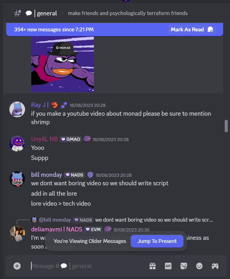 my first chat in <a href="/monad_xyz/">Monad ⨀</a> discord
yooo
suppp