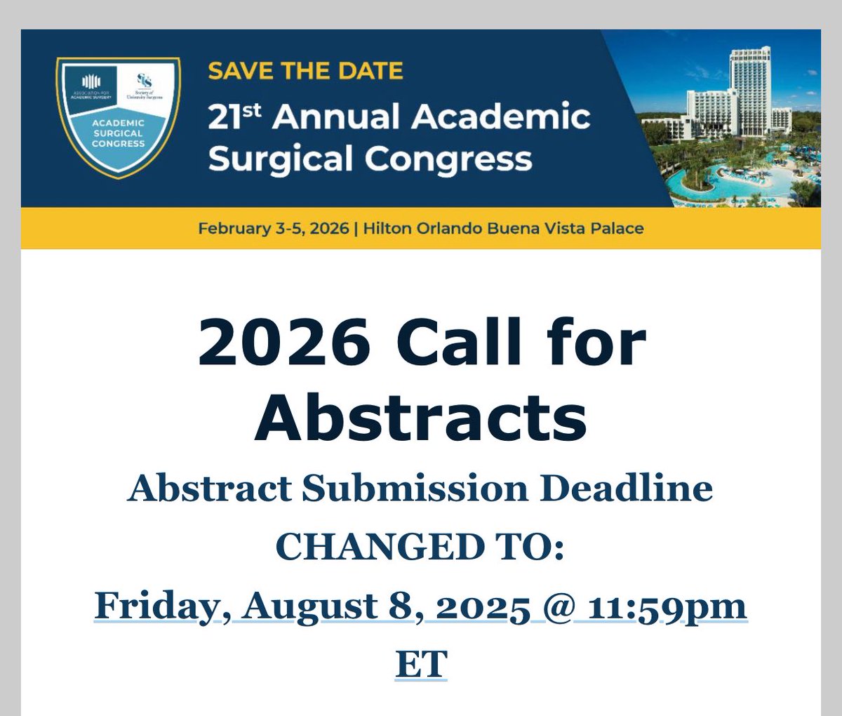 Tom Varghese Jr. MD, MS, MBA, FACS, MAMSE 🇺🇸 (@tomvarghesejr) on Twitter photo Abstract submission deadline for #ASC2026 <a href="/AcademicSurgery/">Assoc4AcademicSurgery</a> <a href="/UnivSurg/">Society of University Surgeons (SUS)</a> has been changed to August 8, 2025
academicsurgicalcongress.org/abstracts/
Please also note:
- case studies will not be accepted
- max 2 presentations by an individual
Looking forward to the event! Abstract submission deadline for #ASC2026 <a href="/AcademicSurgery/">Assoc4AcademicSurgery</a> <a href="/UnivSurg/">Society of University Surgeons (SUS)</a> has been changed to August 8, 2025
academicsurgicalcongress.org/abstracts/
Please also note:
- case studies will not be accepted
- max 2 presentations by an individual
Looking forward to the event!