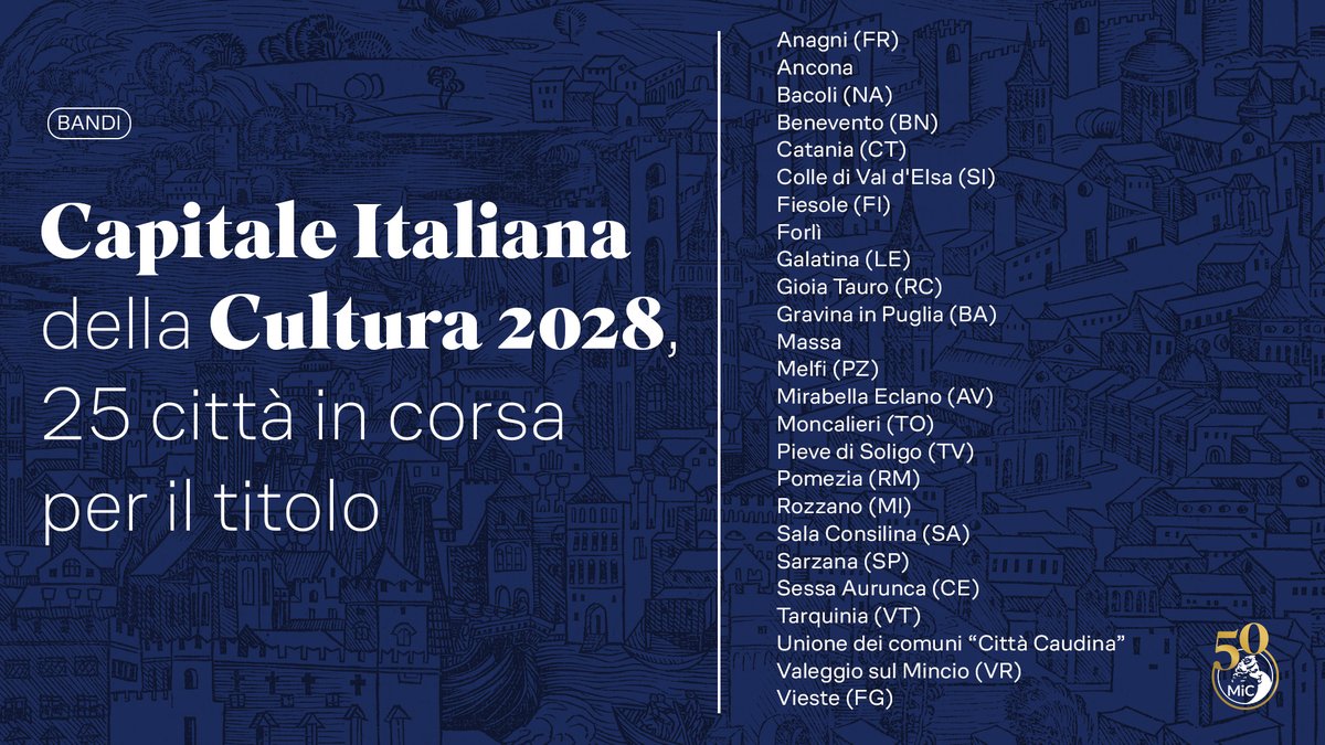 Sono 25 le città italiane che hanno manifestato il proprio interesse per concorrere al titolo di Capitale Italiana della Cultura 2028. Un primo passo per valorizzare cultura, territori e comunità.

Per tutte le info ➡️ cultura.gov.it/comunicato/277…