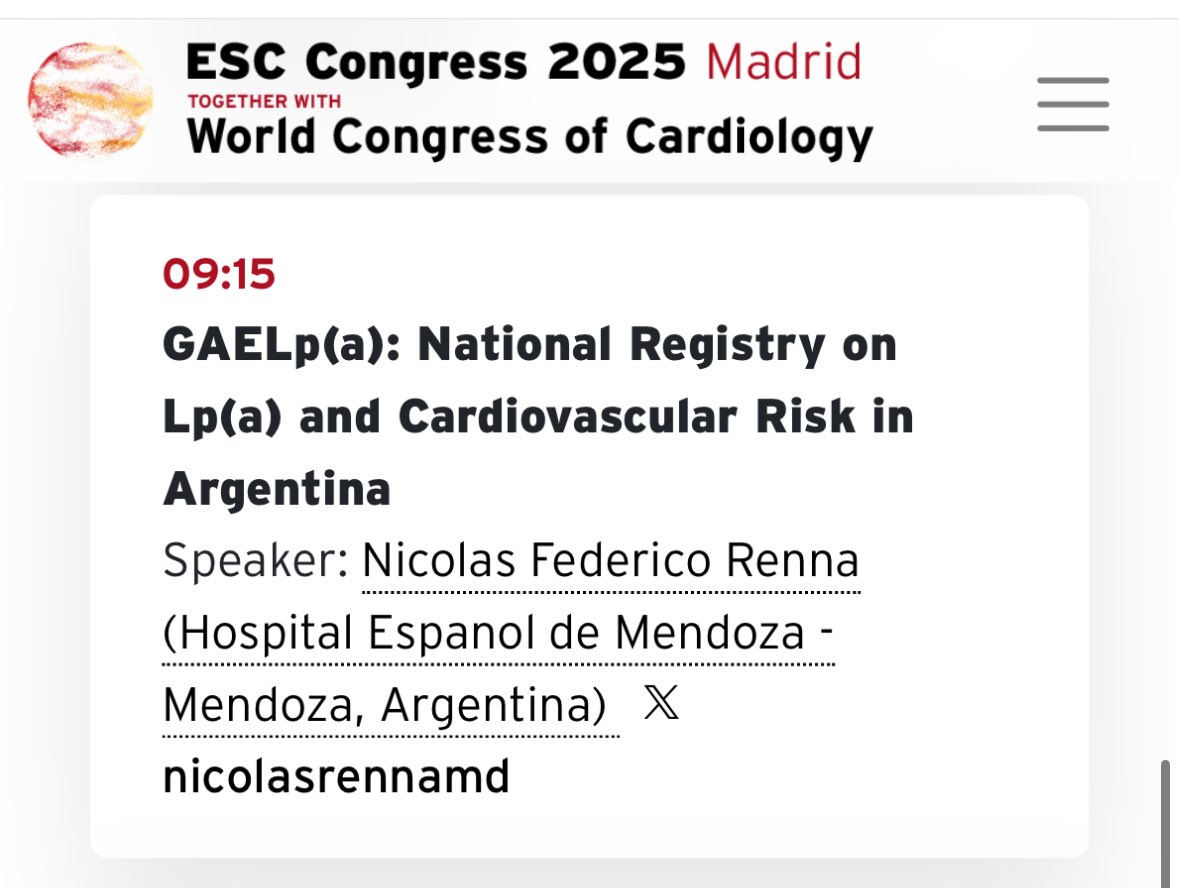drpablocorral's tweet image. 🚨 Late-Breaking Science from Argentina at ESC 2025! 🇦🇷
We are immensely proud and deeply honored to announce that our work
“GAELp(a): National Registry on Lp(a) and Cardiovascular Risk in Argentina”
has been selected as part of the Late-Breaking Clinical Science: Lipids and…