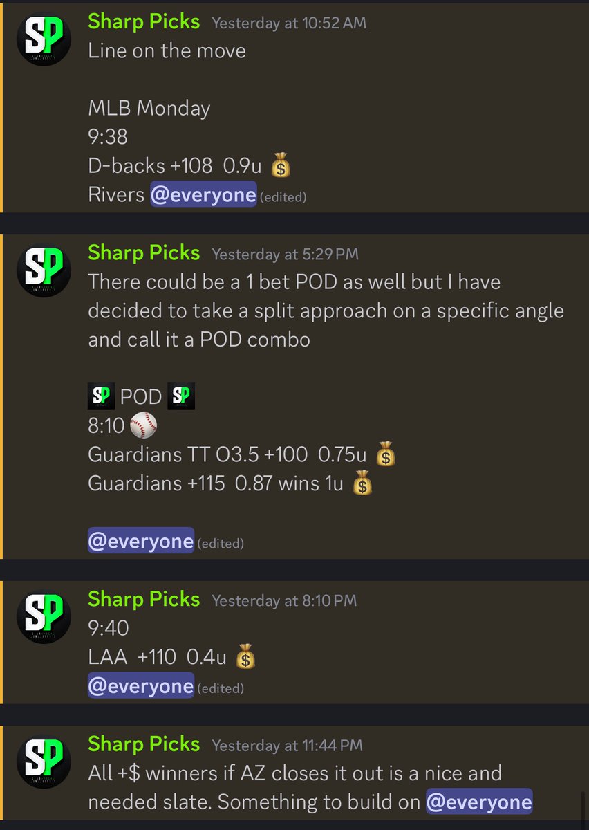 💰Diamondbacks +108
💰Guardians TT O4.5 +100
💰Guardians +115
💰Angels +110

4-0 (100%) MONDAY SWEEP 🧹 

ALL +MONEY WINNERS