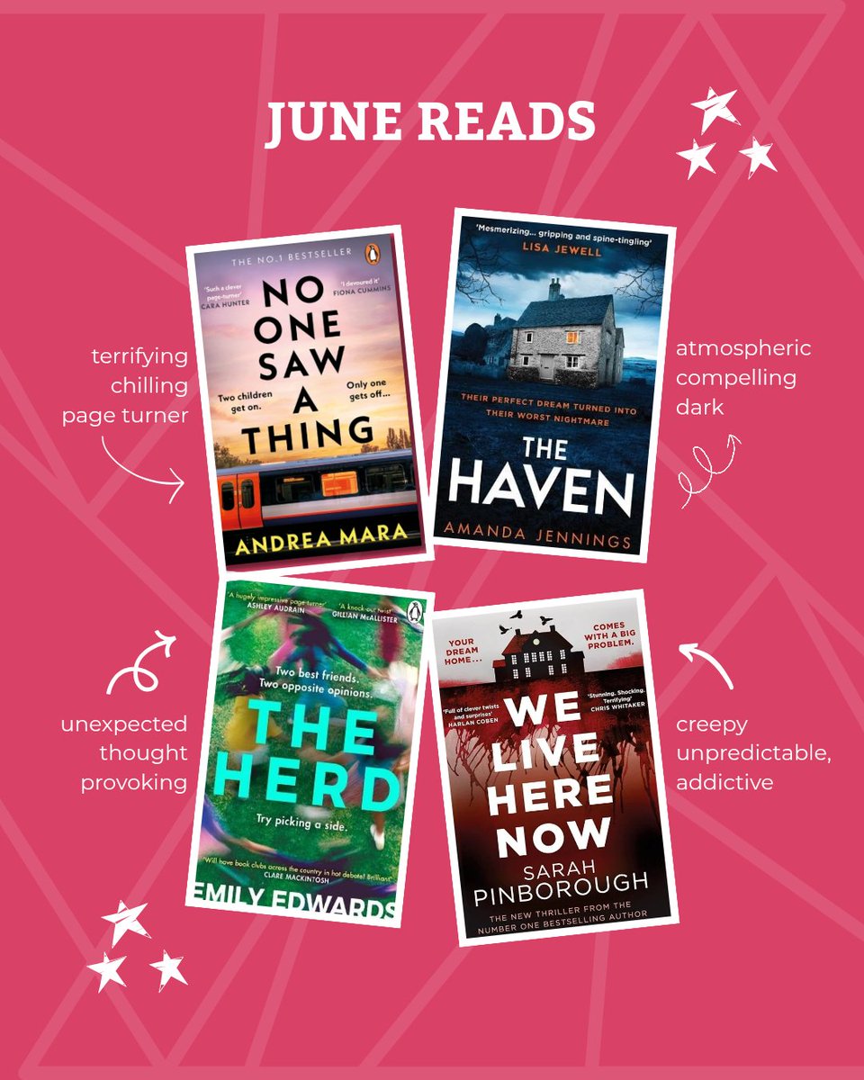 My June reads - another brilliant reading month! 😍

🎧 No One Saw A Thing by <a href="/AndreaMaraBooks/">Andrea Mara</a> 

📖 The Haven by Amanda Jennings 

📱The Herd by Emily Edwards 

📖 We Live Here Now by <a href="/SarahPinborough/">Sarah Pinborough</a> 

Have you read any of these? What did you think?

#BookTwitter #AmReading