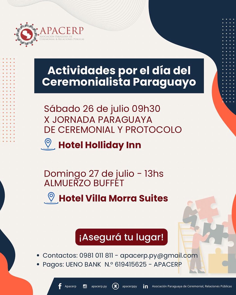 apacerppy's tweet image. Desde la familia de APACERP te recordamos los dos eventos que se realizarán en el marco del día del Ceremonialista Paraguayo

Si tenés alguna duda contacta al 
📲 0981-011811

#SomosApacerp
#SomosParaguay