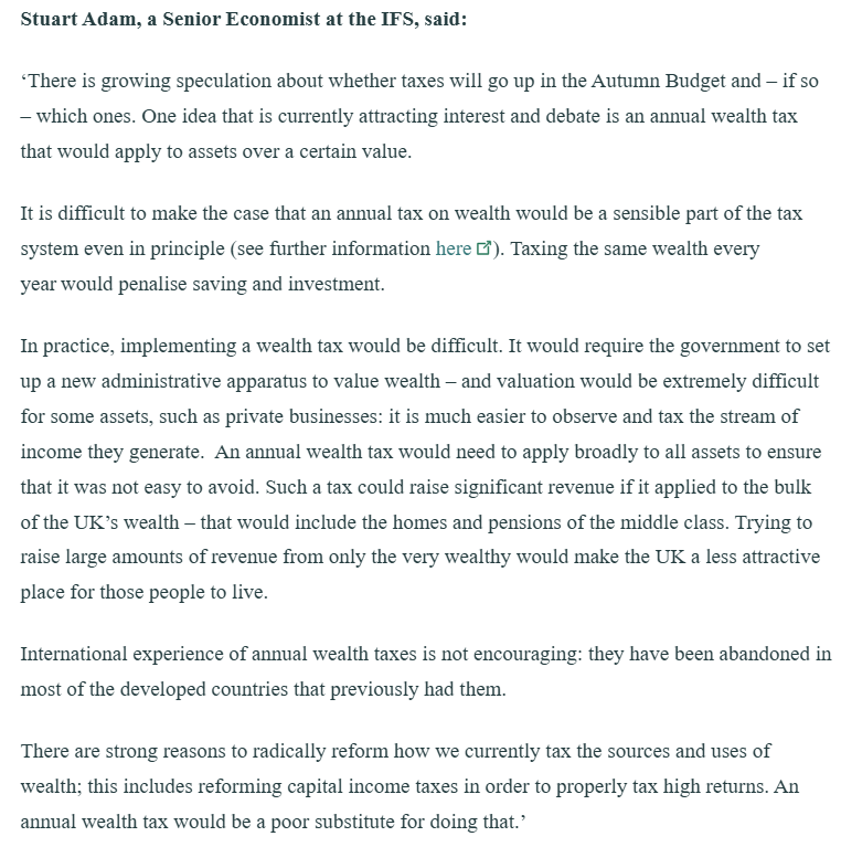 TomWatersEcon's tweet image. I quite often get asked what I think about a wealth tax. A very good "elevator summary" of the economics of a wealth tax, from the indefatigable @StuartAdam_IFS, out today