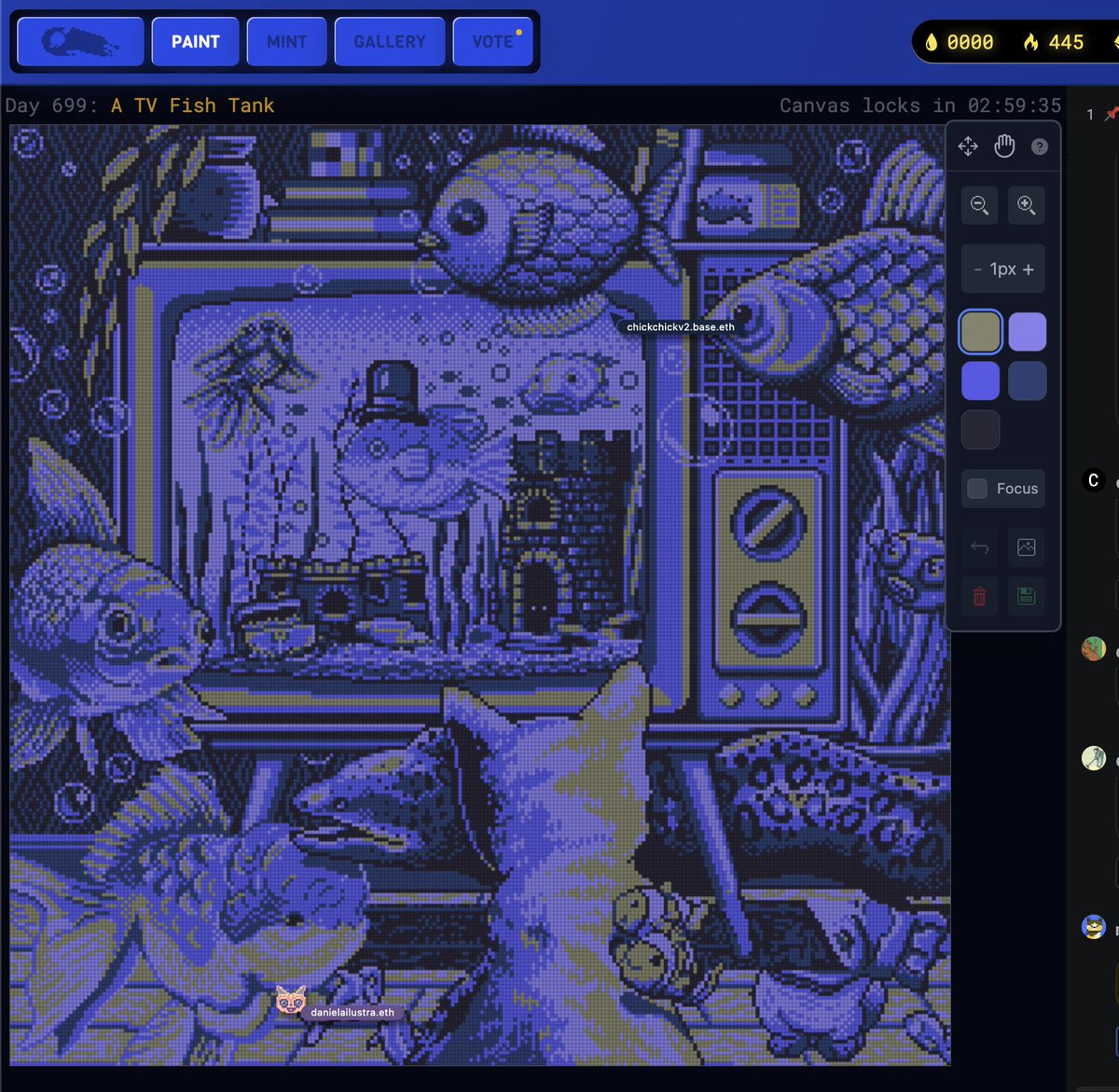 Today is my Theme : Day 699 : A TV Fish Tank on <a href="/basepaint_xyz/">BasePaint</a> 

Thank you to all the artist friends who have supported and are currently helping to create work for my theme.

 We’ll be opening for minting in just a few hours.
😻❤️🐟📺