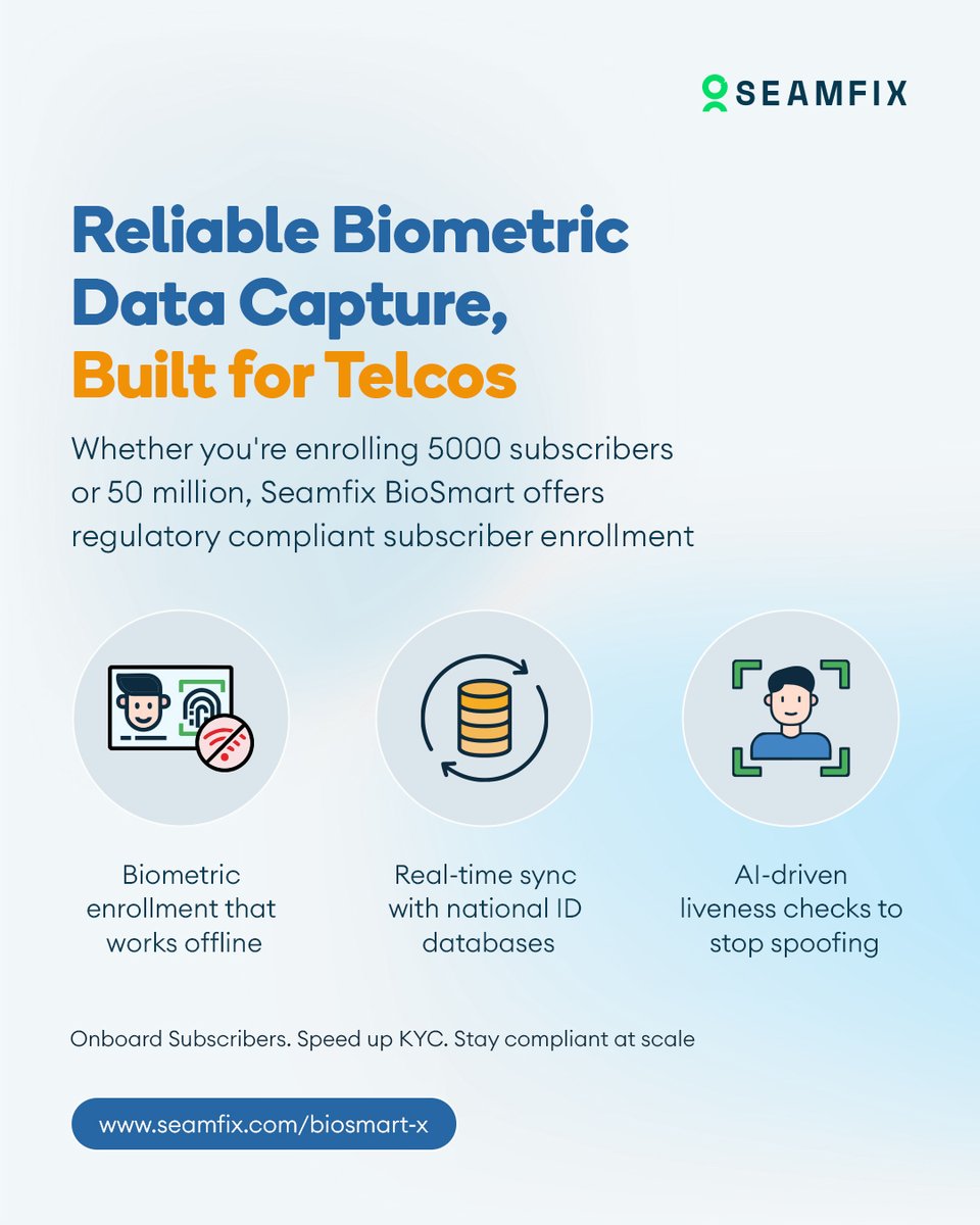 Ever felt like subscriber enrollment is way more complicated than it should be? 

That is why we built Seamfix BioSmart X, it offers regulatory compliance subscriber enrollment, which enables Telcos to enrol millions of subscribers without breaking a sweat.

It’s built for telcos