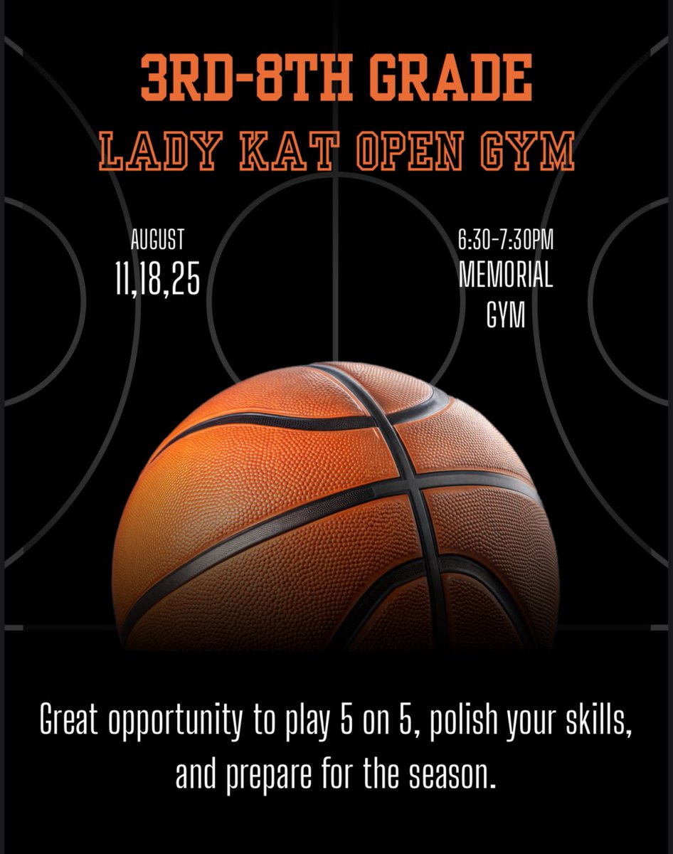 Great opportunity in August for our youth Lady Kats to put some work in on Monday’s! 🏀👏🏼 

Open to any 3rd-8th grader enrolled at kokomo schools and has a physical!