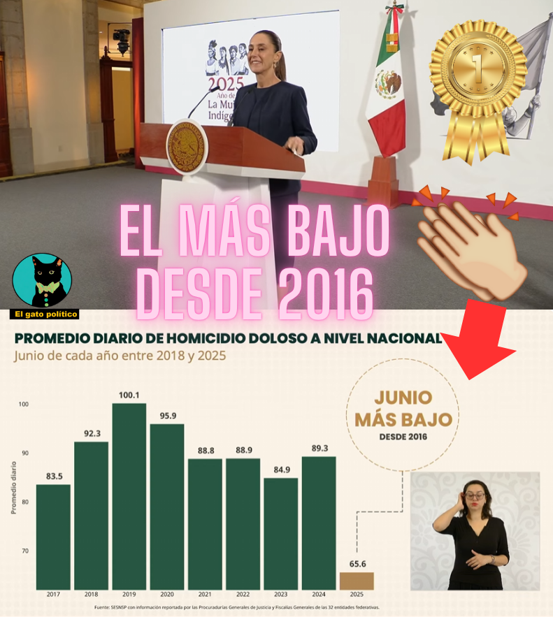 elgatopolitico_'s tweet photo. 🔴🔴¡Datos, no opiniones!
La estrategia de seguridad de la presidenta rinde sus frutos, y junio 2025 ya es el junio con menos homicidios desde el 2016:
"Es el más bajo durante los últimos 9 años", se informó mostrando las cifras oficiales.
#MañaneraDelPueblo 📛📛 https://t.co/wV6fzSQJWY