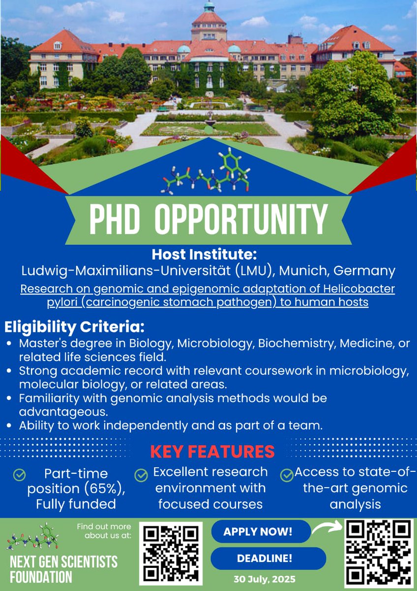 🧬PhD Opportunity – Ludwig-Maximilians-Universität (LMU), Germany

Conduct research on the genomic and epigenomic adaptation of Helicobacter pylori to human hosts.

🔗Apply Now: tinyurl.com/4rk4c544
📅Deadline: 30th July, 2025

📢NGSF WhatsApp: chat.whatsapp.com/DvLX70QQUcPF24…