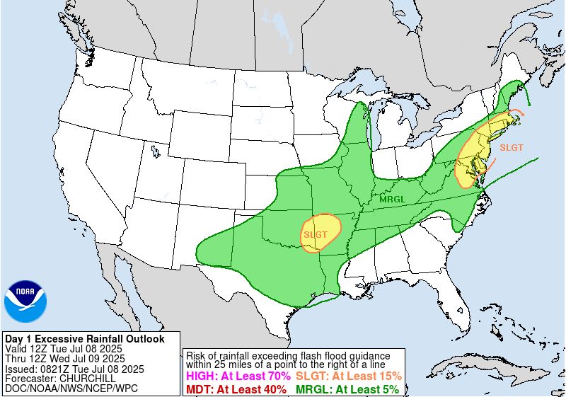 Heavy to excessive rainfall is possible from portions of the Mid-Atlantic into southern New England, as well as eastern Oklahoma and the Ozarks today. A Slight Risk (level 2 of 4) of excessive rainfall has been issued for those areas. Visit weather.gov for the latest.