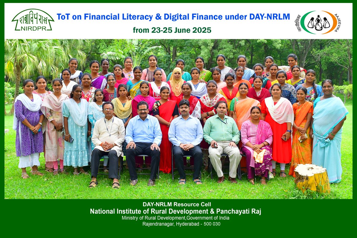 🌐 The ToT on Financial Literacy &amp; Digital Finance under <a href="/DAY_NRLM/">DAY-NRLM (Aajeevika)</a>  was successfully conducted from 23-25 June 2025 at <a href="/NIRDPR_India/">NIRDPR</a> , Hyderabad.

💡 Participants were trained to empower rural communities with essential financial knowledge &amp; digital tools.

#RuralDevelopment