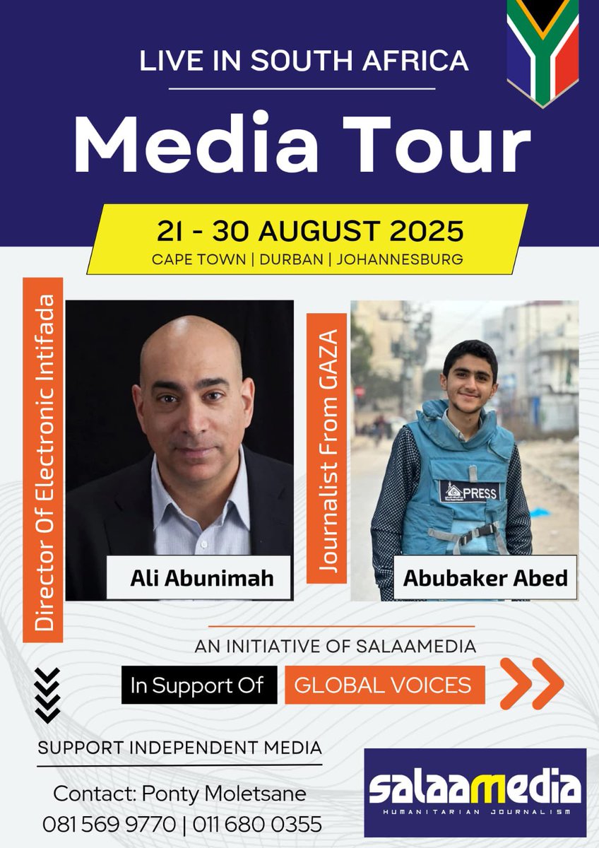 Ayesha Bagus 🇿🇦🇵🇸🇨🇩🇸🇩 (@ayesha_bagus) on Twitter photo Fantastic news, we look forward to welcoming you to Cape Town.
<a href="/AliAbunimah/">Ali Abunimah</a> <a href="/AbubakerAbedW/">Abubaker Abed</a> will be coming to South Africa via <a href="/salaamedia/">Salaamedia</a> Fantastic news, we look forward to welcoming you to Cape Town.
<a href="/AliAbunimah/">Ali Abunimah</a> <a href="/AbubakerAbedW/">Abubaker Abed</a> will be coming to South Africa via <a href="/salaamedia/">Salaamedia</a>