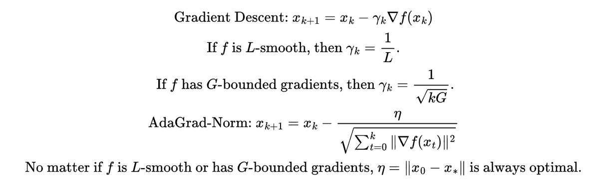 konstmish's tweet image. The thing I like about AdaGrad is not that it estimates the learning rates for each coordinate, but rather that it uses the same stepsize no matter the function class that you minimize.
If you use gradient descent you have to know either L from L-smoothness or an upper bound G on…