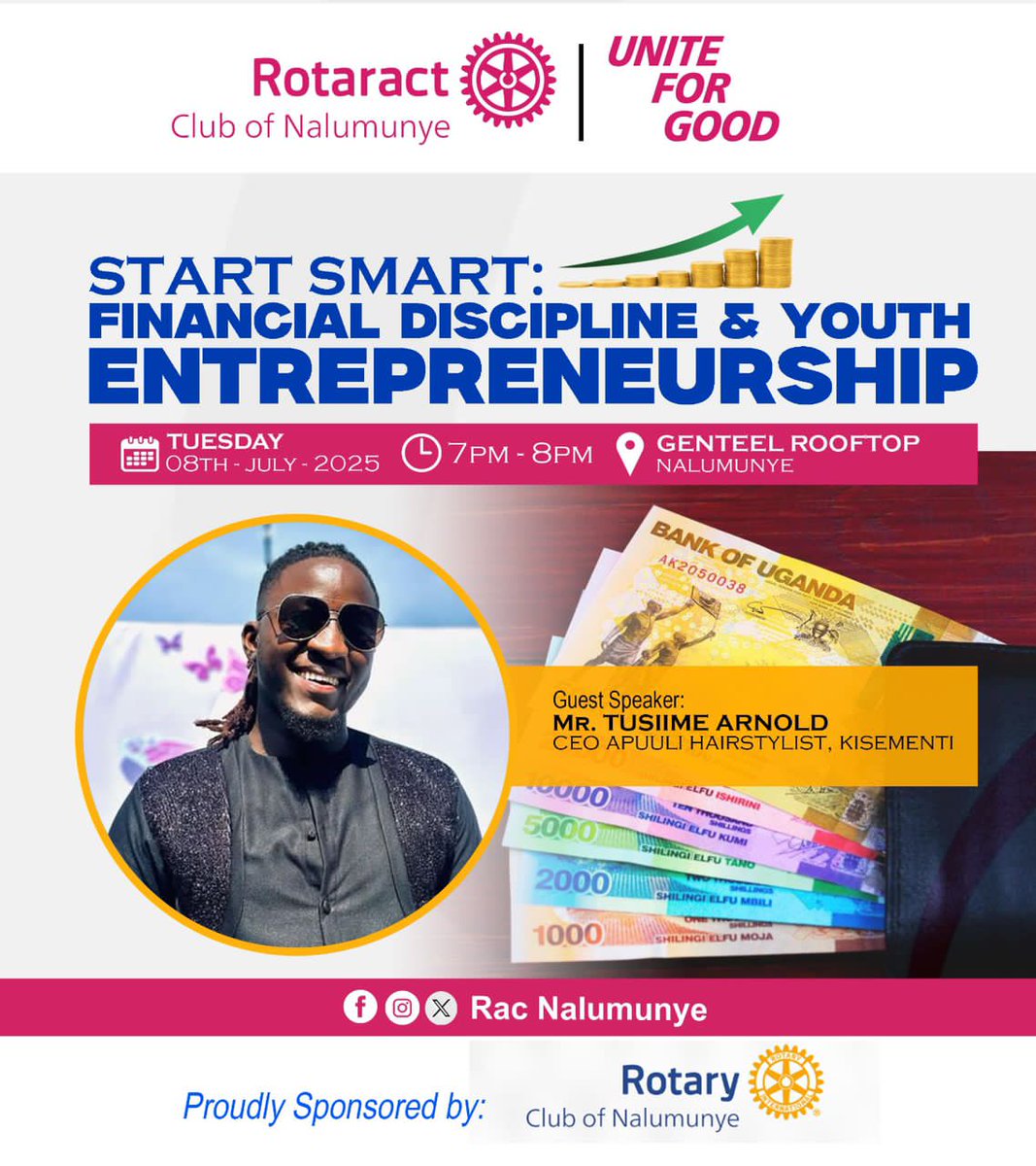 RitahMirem14505's tweet image. Financial discipline meets youth entrepreneurship! 
Join RAC Nalumunye this 8th July for an inspiring session with Mr. Tusiime Arnold at Genteel Rooftop, 7–8PM.

#StartSmart #RacNalumunye #UniteForGood #YouthEmpowerment #RotaryEyamba
