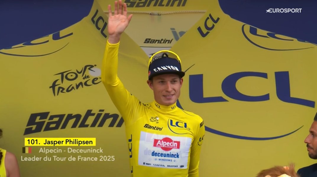 FootballAndAll's tweet photo. Jasper Philipsen wore the Tour de France's yellow jersey for the first time in his career after winning stage one of the 2025 edition. #TDF2025 #TourdeFrance https://t.co/d3ktF6hrqO