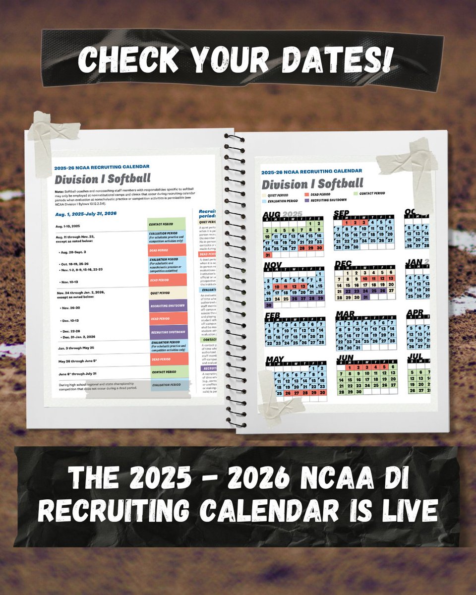 📢 The NCAA DI Softball Recruiting Calendar for 2025-2026 is LIVE! 

Don't get caught off guard – knowing these dates inside and out is key to a successful and compliant recruiting season.

Download your copy and mark those calendars: 
bit.ly/44jlijD