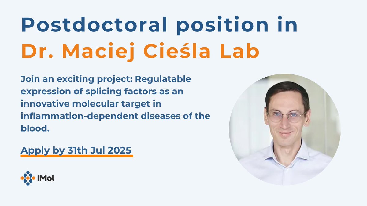 IMol_Institute's tweet image. Postdoctoral position available in Dr. Maciej Ciesla Lab.
@IMol_Institute is currently seeking a Postdoctoral Researcher to join our Lab for the implementation of the First Team project funded by FNP.
For more details on the position, visit: euraxess.ec.europa.eu/jobs/355235