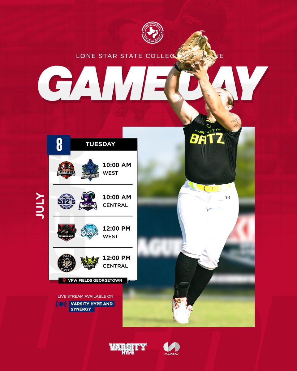 We’re back at VFW today! Please note updated game times — new schedule for today only.

📍 VFW Park Georgetown, TX
📺 Livestream 
lsscl.sportschannel.media