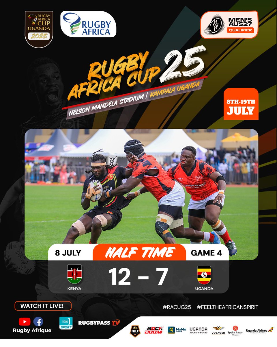 RugbyAfrique's tweet photo. π Half-Time Update
Kenya π°πͺ leads Uganda πΊπ¬ 12β7 in a tightly contested first half at the Rugby Africa Cup!
Itβs still all to play for in the second half ππ₯
#RACUG25 #RugbyAfricaCup #KenyaVsUganda #HalftimeUpdate #HostedInUganda #FeelTheAfricanSpirit https://t.co/XYJwEQB3ck