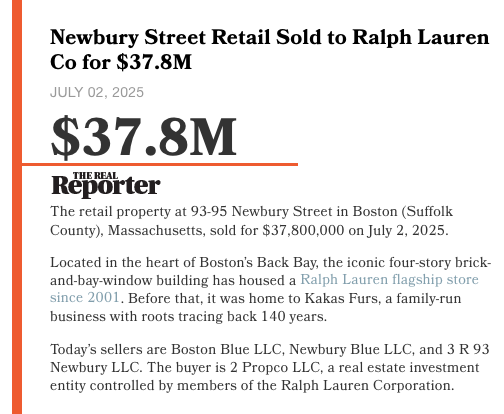 The Real Reporter (@therealreporter) on Twitter photo The Ralph Lauren Company purchased its Newbury Street, Boston Flagship retail location for $37.8M <a href="/RalphLauren/">Ralph Lauren</a> therealreporter.com/recent-trades The Ralph Lauren Company purchased its Newbury Street, Boston Flagship retail location for $37.8M <a href="/RalphLauren/">Ralph Lauren</a> therealreporter.com/recent-trades