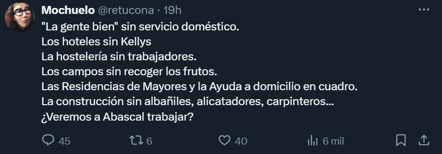 La gente que para atacar esto de Vox dice que nos vamos a quedar sin "Gente que recoja frutos en el campo, que cuide a los mayores y sin albañiles" ¿no se dan cuenta de que solo defienden a los inmigrantes por ser esclavos? 

Los inmigrantes deben ser respetados por ser humanos,