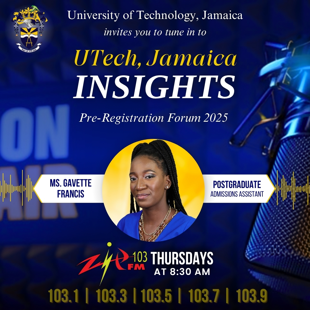 This week on UTech Insights: 

Miss Stephanie Morris &amp; Miss Gavette Francis discuss every thing you need to know about our pre-registration forum + reminder that applications are still open!

📻 Tuesday 8:45 AM – <a href="/MELLOFM_88/">MELLO FM</a> 
📻 Thursday 8:30 AM – <a href="/zip103fm/">Official Zip 103FM</a>