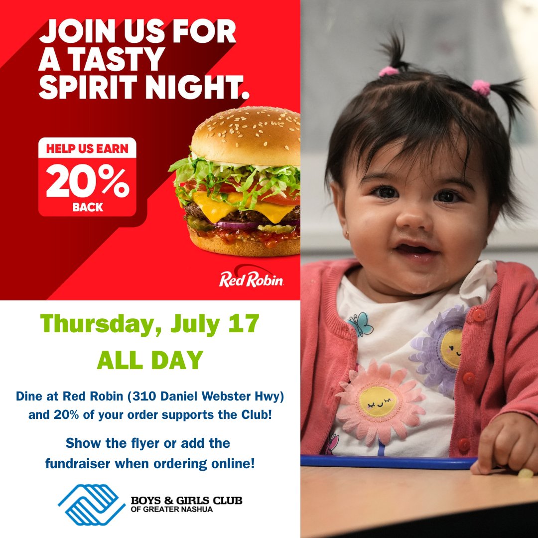 Burgers for a good cause? Count us in! 🍔

On Thursday, July 17, <a href="/redrobinburgers/">Red Robin</a> (310 Daniel Webster Hwy) is donating 20% of your order to support the Club!

Find the flyer: rb.gy/cqp1rq

See you there!

#GreatFutures