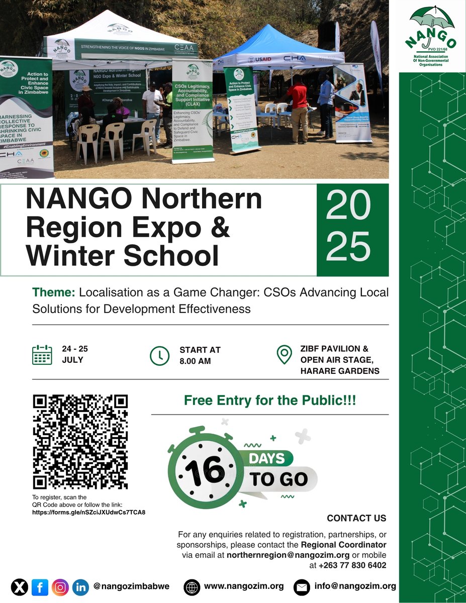 nangozimbabwe's tweet photo. 2 Days To Go!

Still wondering if your NGO is compliant or just “vibing”? 😅
Join us at the Compliance Clinics during the Annual Regional NGO Expo & Winter School 2025!
📍Mutare, Gweru, Bulawayo, Harare — we’re everywhere!
🎟️ Free entry (yes, even for those who think PVO means “Please Visit Office”)
#KnowYourRegulations #CivicSpaceMatters #LocallyLedDevelopment